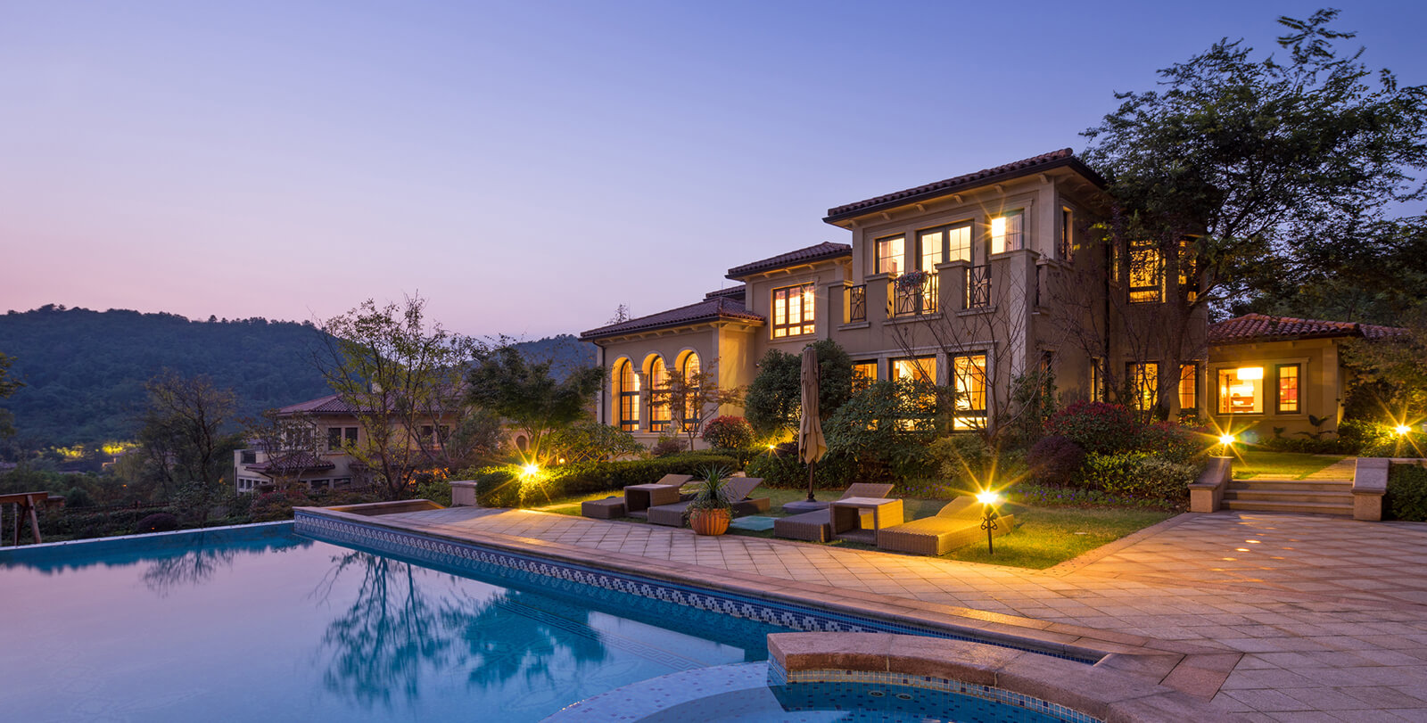 Luxury House with pool during sunset